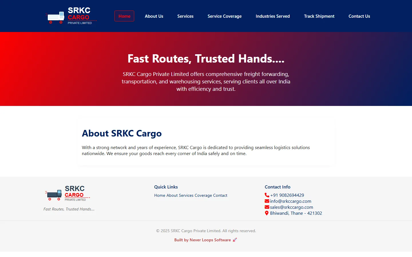 SRKC Cargo Private Limited website designed and built by NeverLoops